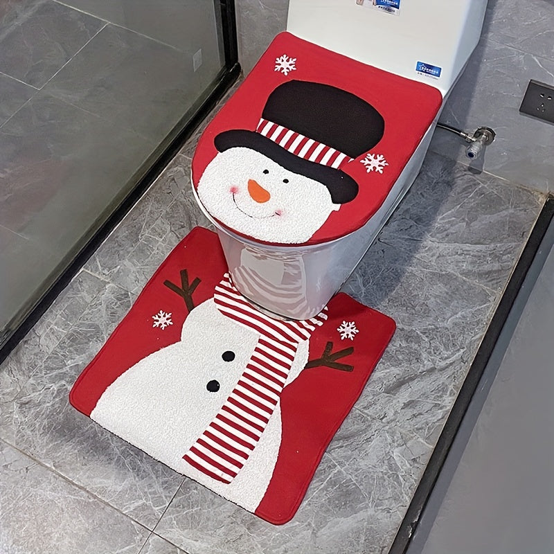 2-piece set Christmas toilet seat cover Snowman Santa Claus Dwarf Toilet Seat Cover and Carpet Set Christmas Bathroom Toilet Decoration Xmas decoration gift Bathroom Home Kit Accessories