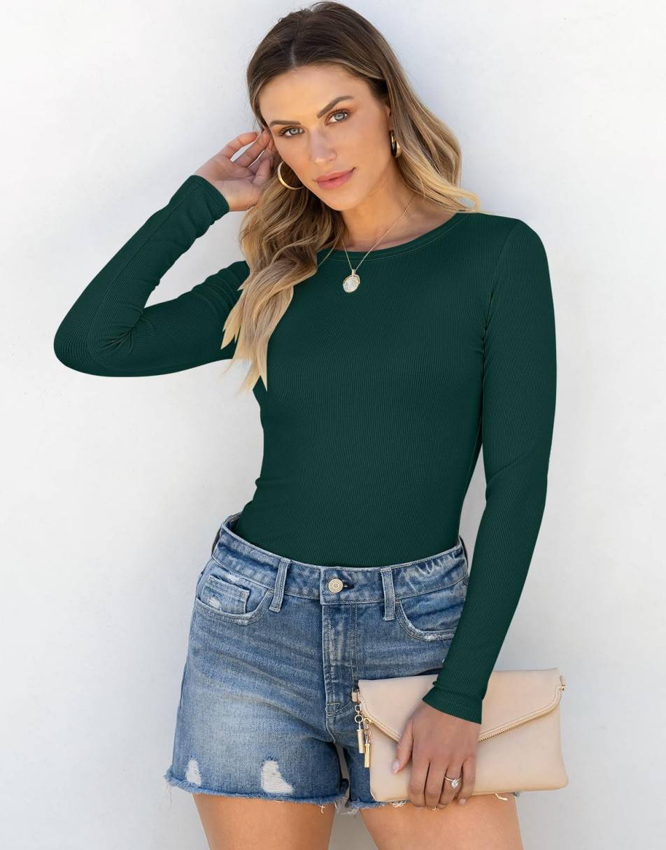 ANRABESS Women Long Sleeve Crewneck Rib Knit Slim Fit Shirts Basic Tee Tops 2025 Casual T-Shirt Going Out Workout Outfits