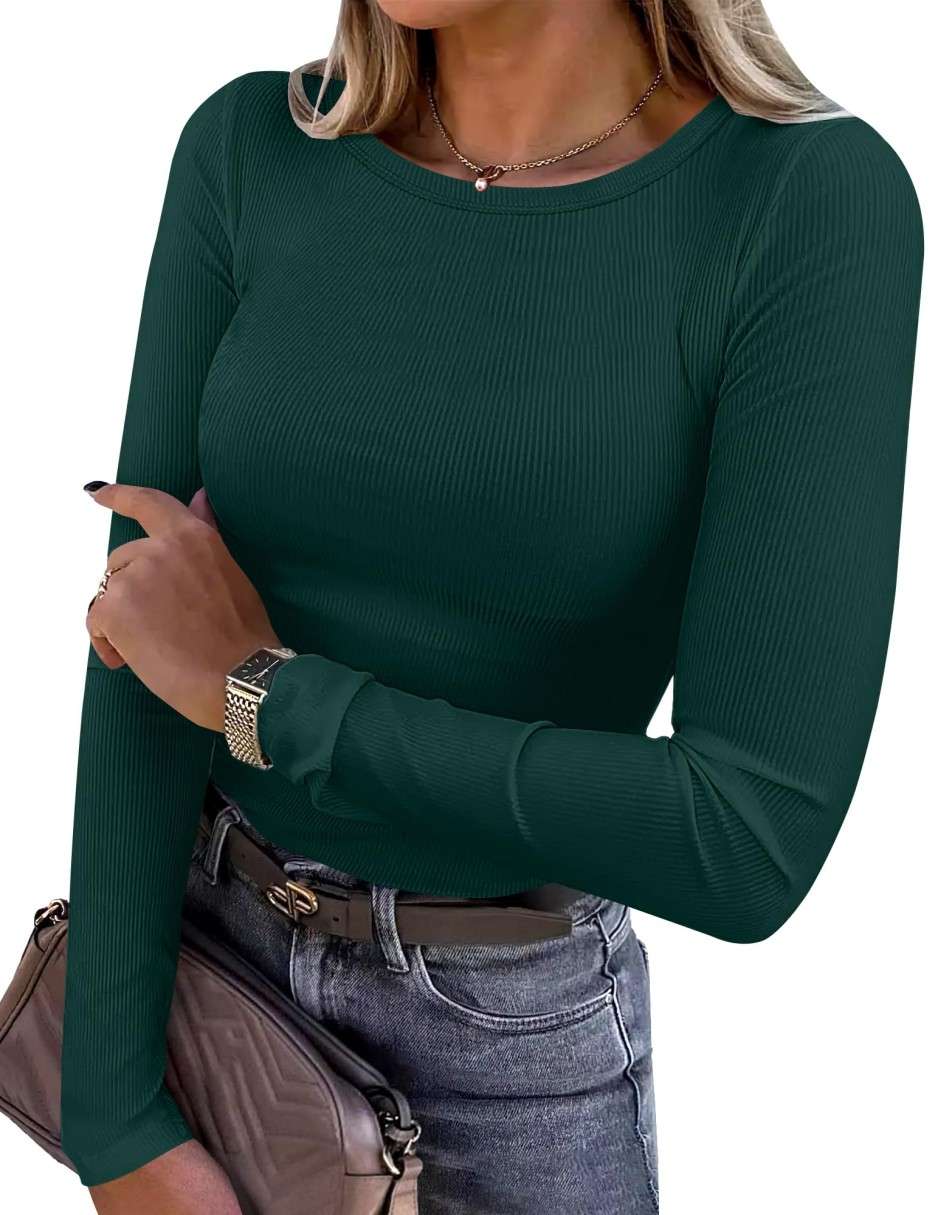 ANRABESS Women Long Sleeve Crewneck Rib Knit Slim Fit Shirts Basic Tee Tops 2025 Casual T-Shirt Going Out Workout Outfits
