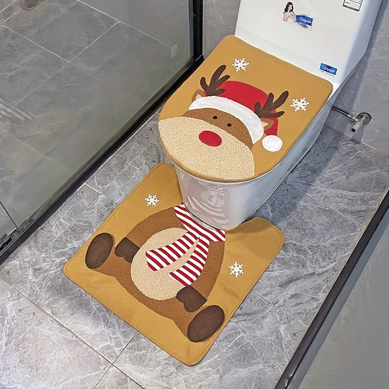 2-piece set Christmas toilet seat cover Snowman Santa Claus Dwarf Toilet Seat Cover and Carpet Set Christmas Bathroom Toilet Decoration Xmas decoration gift Bathroom Home Kit Accessories