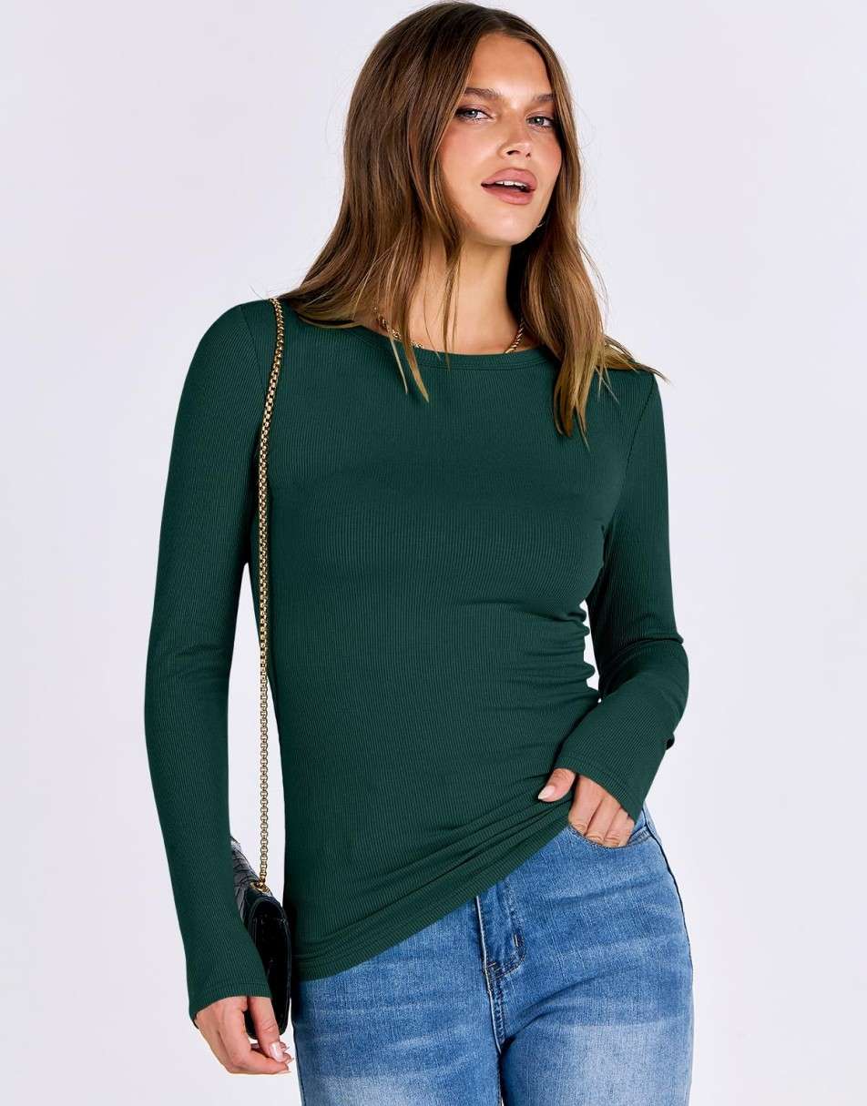 ANRABESS Women Long Sleeve Crewneck Rib Knit Slim Fit Shirts Basic Tee Tops 2025 Casual T-Shirt Going Out Workout Outfits
