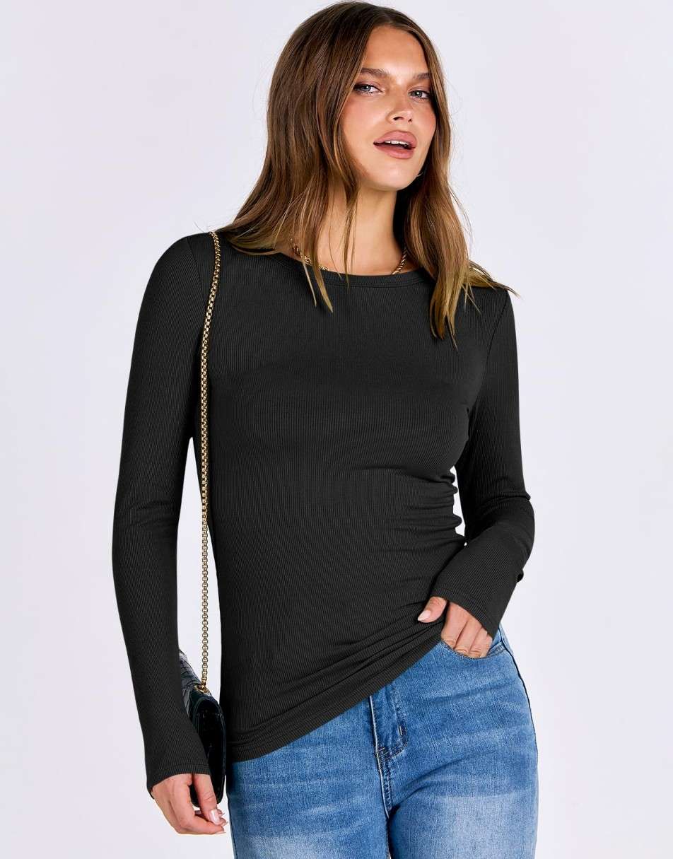 ANRABESS Women Long Sleeve Crewneck Rib Knit Slim Fit Shirts Basic Tee Tops 2025 Casual T-Shirt Going Out Workout Outfits